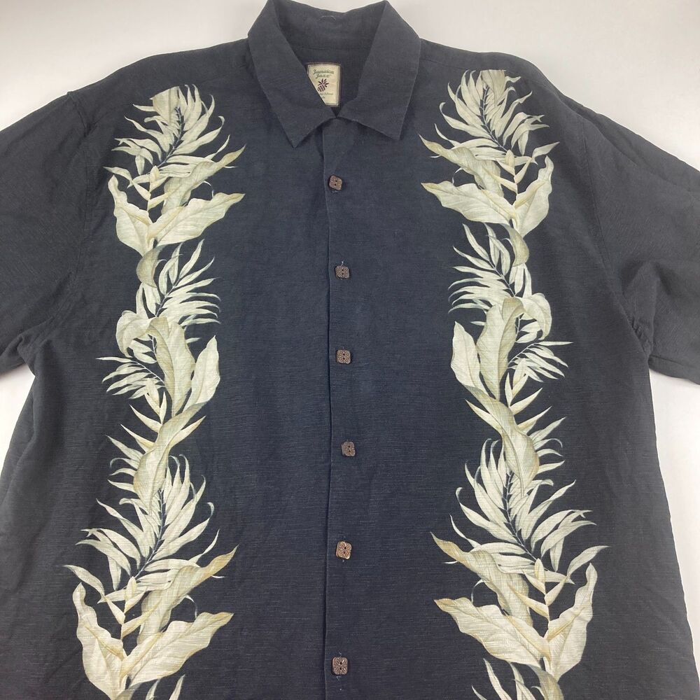 Jamaica Jaxx Men XL 100% Silk Hawaiian Shirt Black Floral Camp Aloha